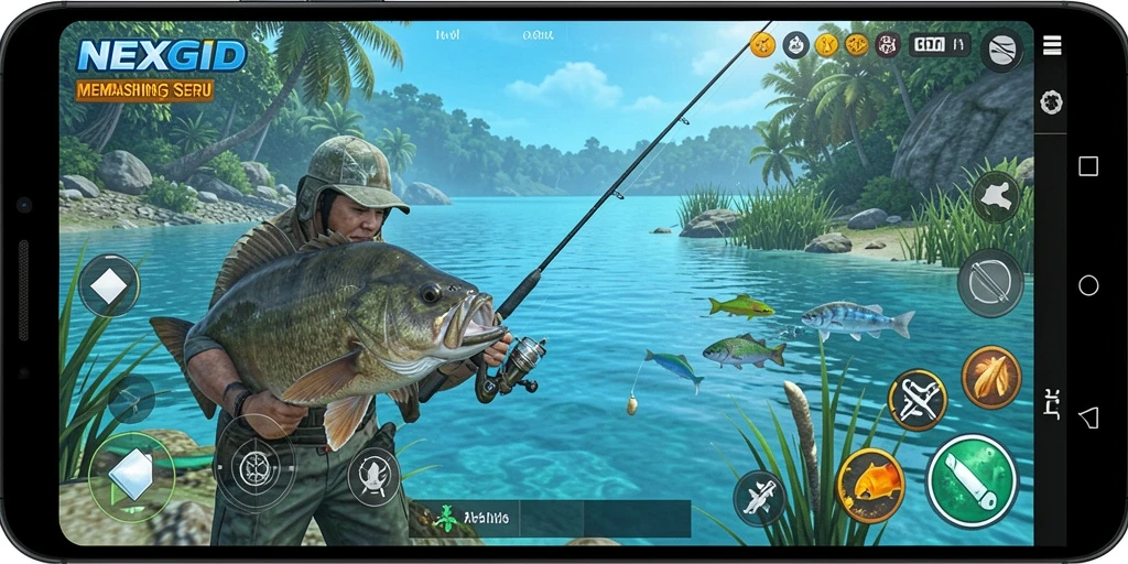 Tampilan gameplay seru dalam NEXGID saat memancing ikan.