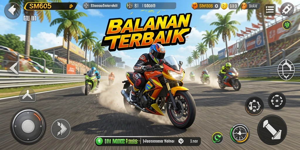 Tampilan gameplay SM605 yang mendebarkan saat balapan motor.
