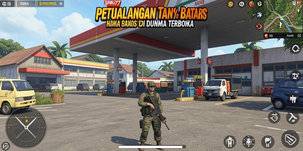Screenshot gameplay SPBU77 yang menampilkan petualangan di dunia terbuka.
