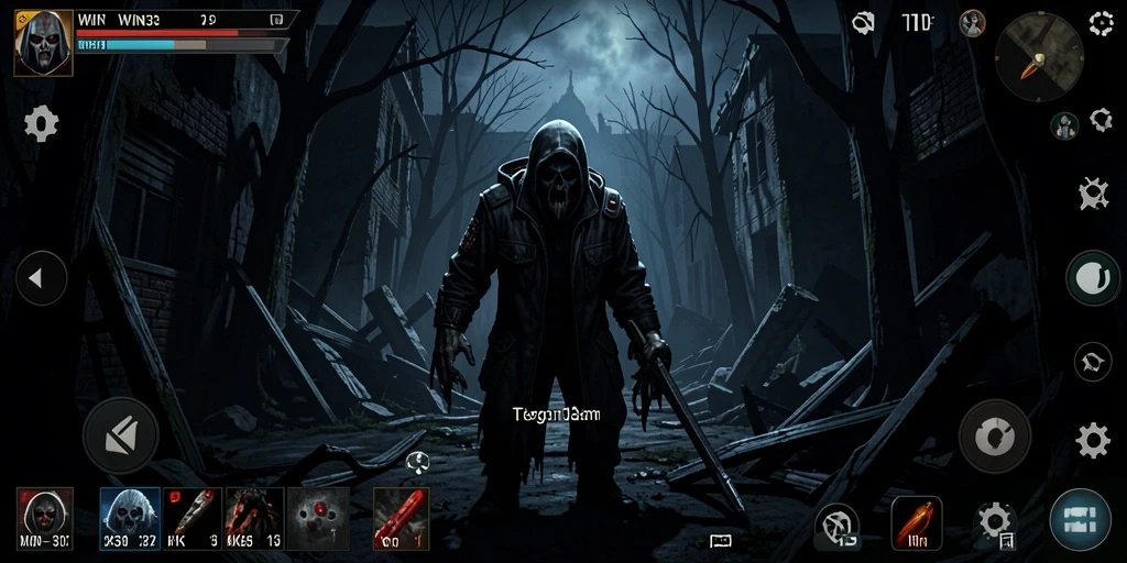 Screenshot gameplay WIN33 menunjukkan suasana mencekam dan kegelapan yang mendalam.